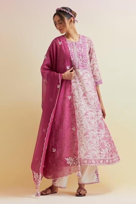 Shop_Upavita_Pink Cotton, Chanderi Embroidery Floral Hand Block Print A-line Kurta And Pant Set _Online_at_Aza_Fashions