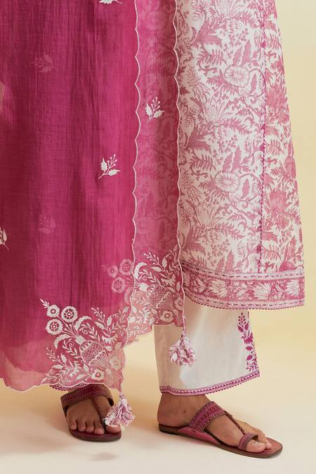 Upavita_Pink Cotton, Chanderi Embroidery Floral Hand Block Print A-line Kurta And Pant Set _at_Aza_Fashions