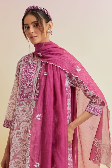 Buy_Upavita_Pink Cotton, Chanderi Embroidery Floral Hand Block Print A-line Kurta And Pant Set 