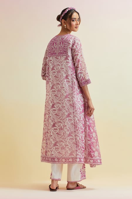 Upavita Chanderi Floral Hand Block Print A-Line Kurta & Pant Set 