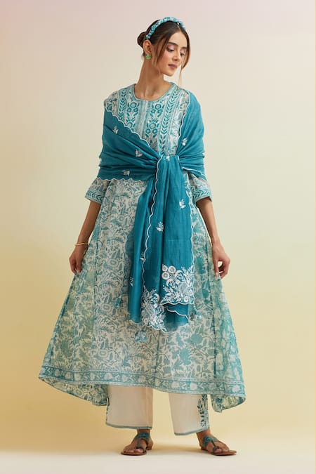 Upavita Blue Kurta And Dupatta Cotton Chanderi Print Hand Block A-line & Pant Set 