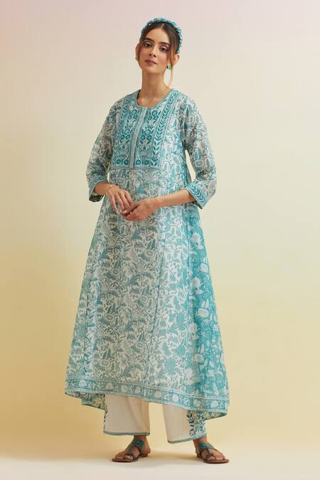 Upavita_Blue Cotton Embroidery Round Floral Hand Block A-line Print Kurta And Pant Set _Online_at_Aza_Fashions