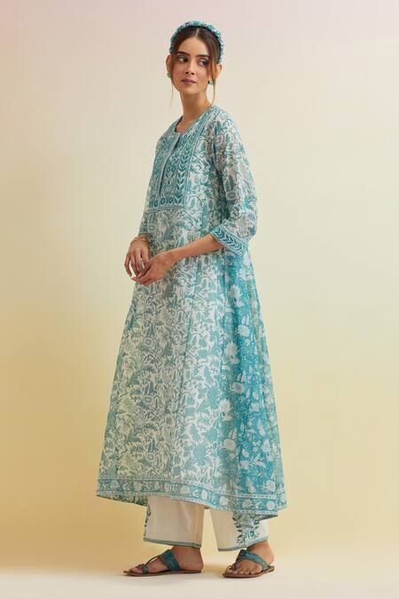 Buy_Upavita_Blue Cotton Embroidery Round Floral Hand Block A-line Print Kurta And Pant Set _Online_at_Aza_Fashions