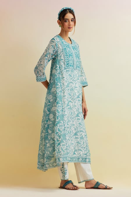 Shop_Upavita_Blue Cotton Embroidery Round Floral Hand Block A-line Print Kurta And Pant Set _Online_at_Aza_Fashions