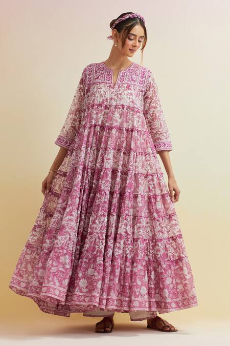 Upavita_Pink Cotton, Chanderi Embroidery Floral Hand Block Print Tiered Kurta And Pant Set _Online_at_Aza_Fashions