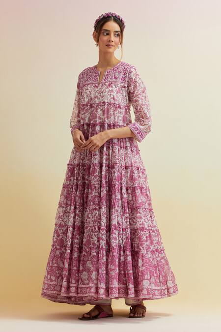 Buy_Upavita_Pink Cotton, Chanderi Embroidery Floral Hand Block Print Tiered Kurta And Pant Set _Online_at_Aza_Fashions