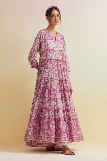 Shop_Upavita_Pink Cotton, Chanderi Embroidery Floral Hand Block Print Tiered Kurta And Pant Set _Online_at_Aza_Fashions