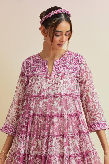Upavita_Pink Cotton, Chanderi Embroidery Floral Hand Block Print Tiered Kurta And Pant Set _at_Aza_Fashions