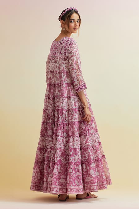 Upavita Chanderi Floral Hand Block Print Tiered Kurta & Pant Set 