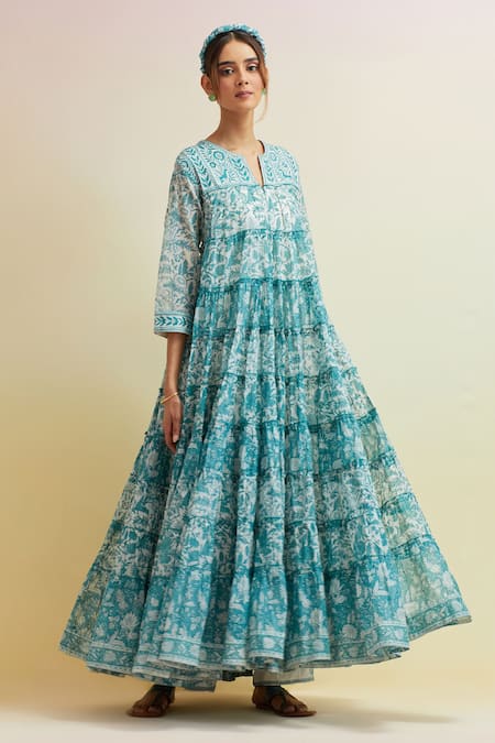 Upavita_Blue Cotton, Chanderi Embroidery Floral Hand Block Tiered Print Kurta And Pant Set _Online_at_Aza_Fashions