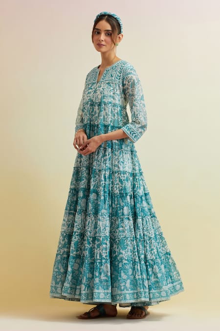 Buy_Upavita_Blue Cotton, Chanderi Embroidery Floral Hand Block Tiered Print Kurta And Pant Set _Online_at_Aza_Fashions