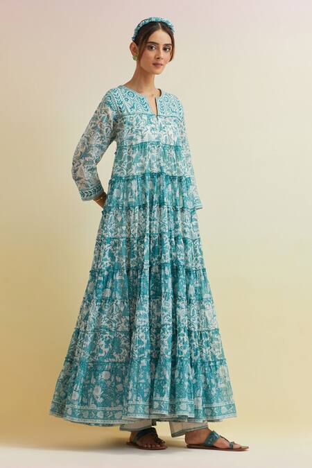 Shop_Upavita_Blue Cotton, Chanderi Embroidery Floral Hand Block Tiered Print Kurta And Pant Set _Online_at_Aza_Fashions