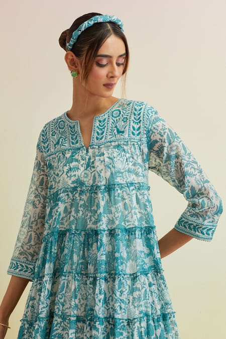 Upavita_Blue Cotton, Chanderi Embroidery Floral Hand Block Tiered Print Kurta And Pant Set _at_Aza_Fashions