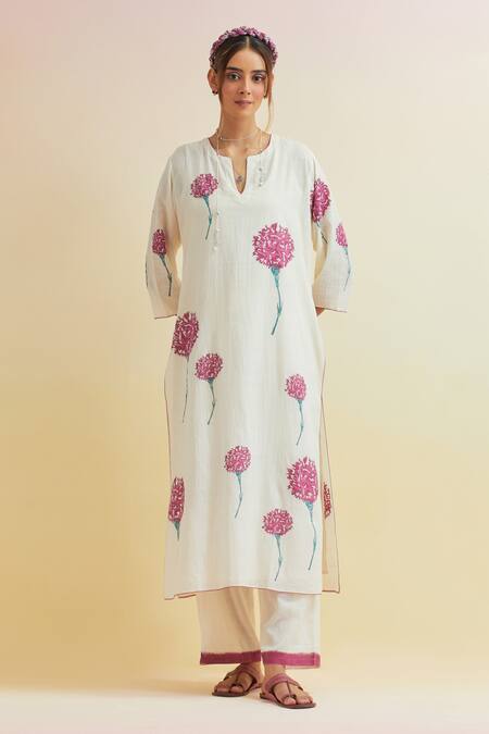 Upavita_Off White , Satin Carnation Flower Print Straight Kurta And Pant Set _Online_at_Aza_Fashions