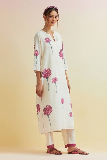 Shop_Upavita_Off White , Satin Carnation Flower Print Straight Kurta And Pant Set _Online_at_Aza_Fashions