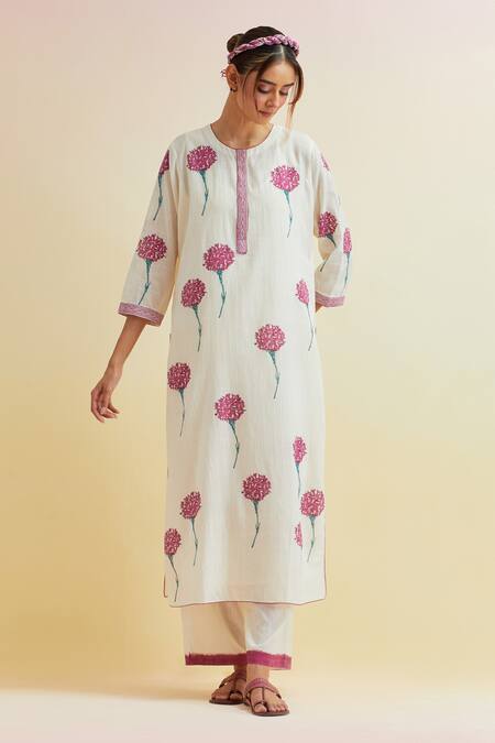Upavita_Off White , Satin Carnation Flower Print Straight Kurta And Pant Set _Online_at_Aza_Fashions