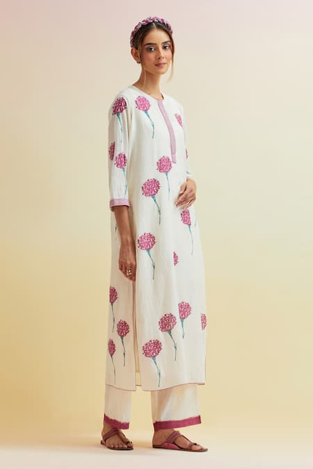 Shop_Upavita_Off White , Satin Carnation Flower Print Straight Kurta And Pant Set _Online_at_Aza_Fashions