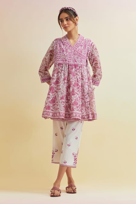 Upavita Floral Hand Block Print Short Angarkha With Pant 