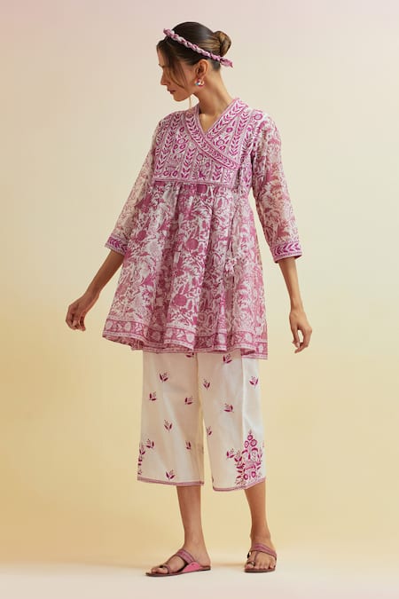 Upavita_Pink Cotton Embroidery V-neck Floral Hand Block Print Short Angarkha With Pant _Online_at_Aza_Fashions