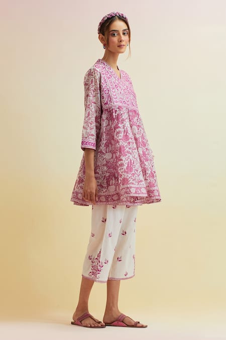 Buy_Upavita_Pink Cotton Embroidery V-neck Floral Hand Block Print Short Angarkha With Pant _Online_at_Aza_Fashions