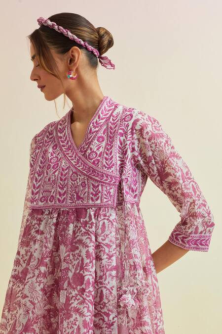 Shop_Upavita_Pink Cotton Embroidery V-neck Floral Hand Block Print Short Angarkha With Pant _Online_at_Aza_Fashions