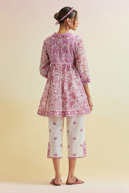 Upavita Floral Hand Block Print Short Angarkha With Pant 