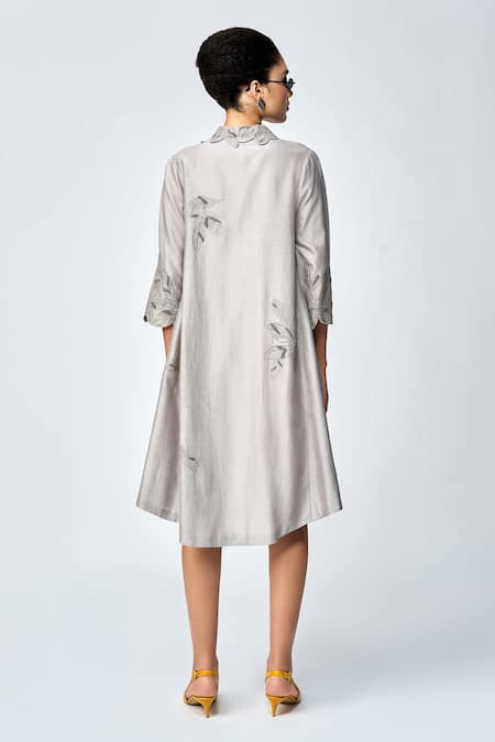 Shop Shahin Mannan Grey Silk, Chanderi, Chiffon Embroidery Collared Leaf Shirt Dress at Aza Fashions Shop_Shahin Mannan_Grey Silk, Chanderi, Chiffon Embroidery Collared Leaf Shirt Dress _at_Aza_Fashions