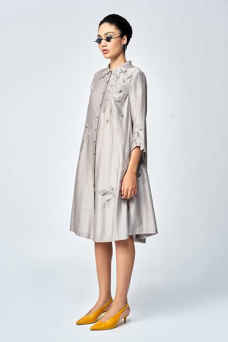 Shahin Mannan Grey Silk, Chanderi, Chiffon Embroidery Collared Leaf Shirt Dress Online at Aza Fashions Shahin Mannan_Grey Silk, Chanderi, Chiffon Embroidery Collared Leaf Shirt Dress _Online_at_Aza_Fashions