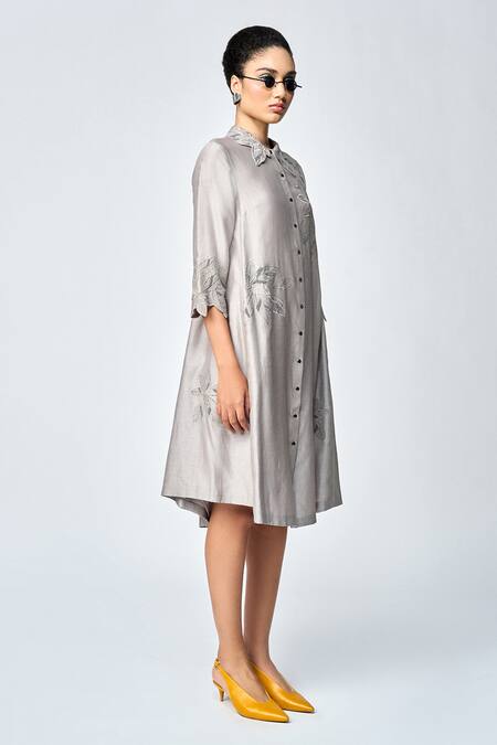 Buy Shahin Mannan Grey Silk, Chanderi, Chiffon Embroidery Collared Leaf Shirt Dress Online at Aza Fashions Buy_Shahin Mannan_Grey Silk, Chanderi, Chiffon Embroidery Collared Leaf Shirt Dress _Online_at_Aza_Fashions