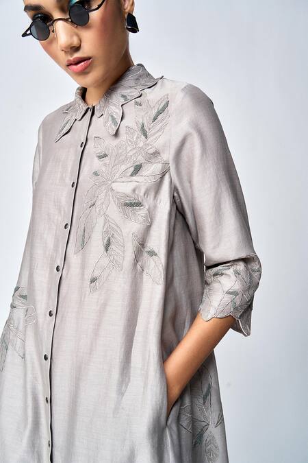 Shop Shahin Mannan Grey Silk, Chanderi, Chiffon Embroidery Collared Leaf Shirt Dress Online at Aza Fashions Shop_Shahin Mannan_Grey Silk, Chanderi, Chiffon Embroidery Collared Leaf Shirt Dress _Online_at_Aza_Fashions