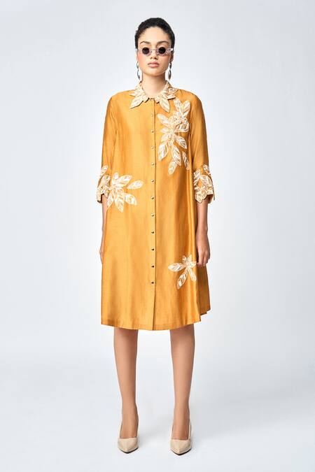 Shahin Mannan_Yellow Silk, Chanderi, Chiffon Embroidery Collared Leaf Midi Dress _Online_at_Aza_Fashions