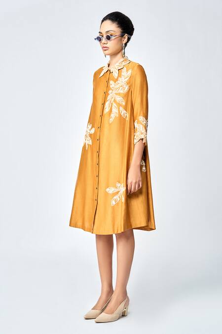 Buy_Shahin Mannan_Yellow Silk, Chanderi, Chiffon Embroidery Collared Leaf Midi Dress _Online_at_Aza_Fashions