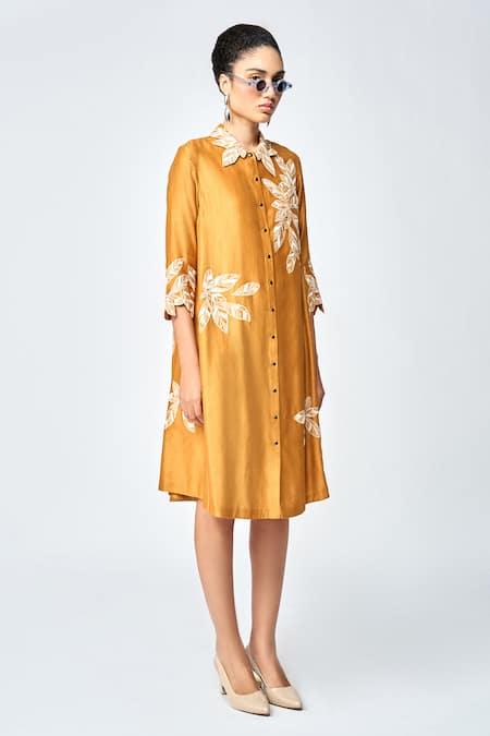 Shop_Shahin Mannan_Yellow Silk, Chanderi, Chiffon Embroidery Collared Leaf Midi Dress _Online_at_Aza_Fashions
