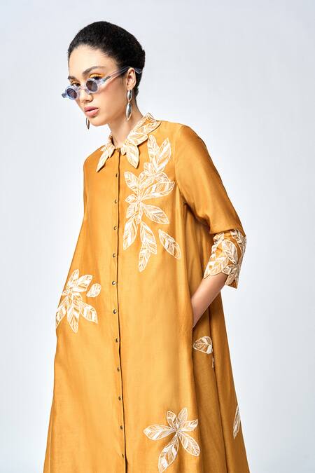 Shahin Mannan_Yellow Silk, Chanderi, Chiffon Embroidery Collared Leaf Midi Dress _at_Aza_Fashions