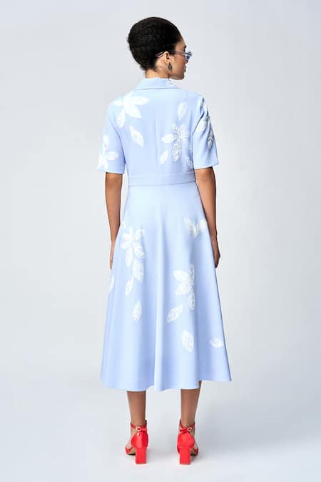 Shop Shahin Mannan Blue Crepe Embroidery Collared Thread Leaf Midi Dress at Aza Fashions Shop_Shahin Mannan_Blue Crepe Embroidery Collared Thread Leaf Midi Dress _at_Aza_Fashions