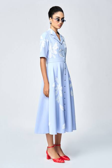 Buy Shahin Mannan Blue Crepe Embroidery Collared Thread Leaf Midi Dress Online at Aza Fashions Buy_Shahin Mannan_Blue Crepe Embroidery Collared Thread Leaf Midi Dress _Online_at_Aza_Fashions