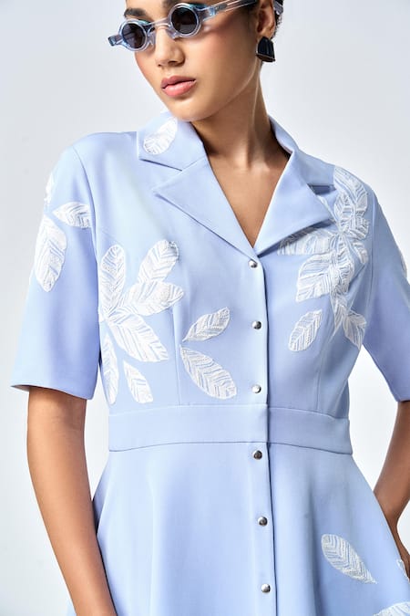 Shop Shahin Mannan Blue Crepe Embroidery Collared Thread Leaf Midi Dress Online at Aza Fashions Shop_Shahin Mannan_Blue Crepe Embroidery Collared Thread Leaf Midi Dress _Online_at_Aza_Fashions
