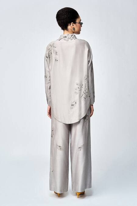 Shop Shahin Mannan Grey Silk, Chanderi Beads, Embroidery Leaves Asymmetric Shirt With Pant at Aza Fashions Shop_Shahin Mannan_Grey Silk, Chanderi Beads, Embroidery Leaves Asymmetric Shirt With Pant _at_Aza_Fashions