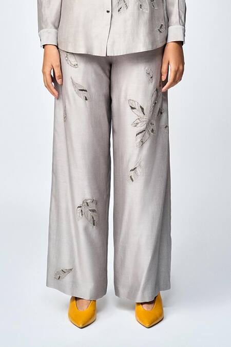 Shahin Mannan Grey Silk, Chanderi Beads, Embroidery Leaves Asymmetric Shirt With Pant Online at Aza Fashions Shahin Mannan_Grey Silk, Chanderi Beads, Embroidery Leaves Asymmetric Shirt With Pant _Online_at_Aza_Fashions