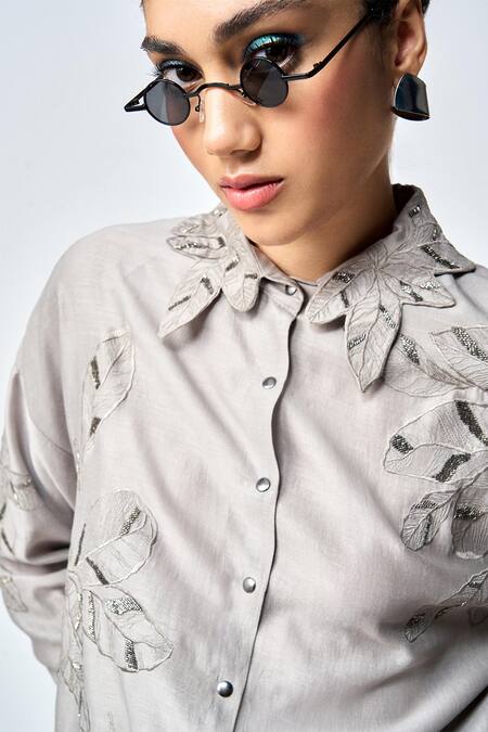 Shahin Mannan Grey Silk, Chanderi Beads, Embroidery Leaves Asymmetric Shirt With Pant at Aza Fashions Shahin Mannan_Grey Silk, Chanderi Beads, Embroidery Leaves Asymmetric Shirt With Pant _at_Aza_Fashions