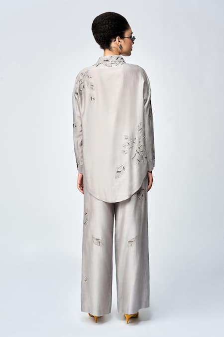 Shahin Mannan Leaves Embroidered Asymmetric Shirt 