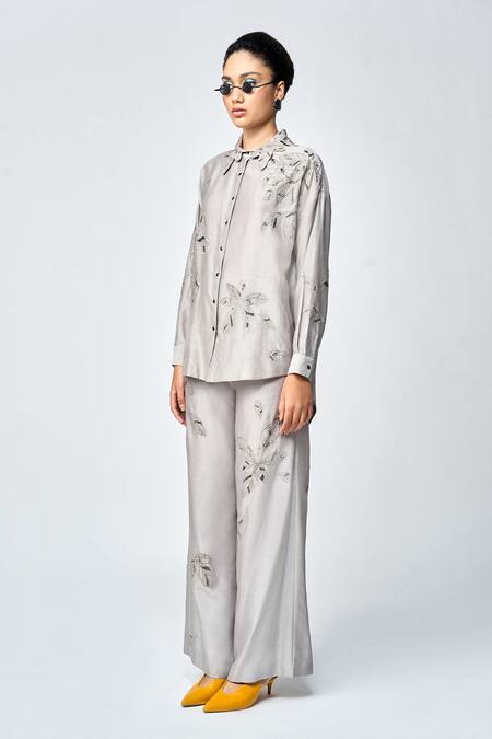 Buy Shahin Mannan Grey Silk, Chanderi, Chiffon Embroidery Collared Leaves Asymmetric Shirt Online at Aza Fashions Buy_Shahin Mannan_Grey Silk, Chanderi, Chiffon Embroidery Collared Leaves Asymmetric Shirt _Online_at_Aza_Fashions