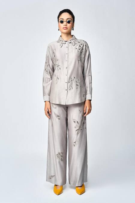 Buy Shahin Mannan Grey Silk, Chanderi Beads, Embroidery Leaves Flared Pant Online at Aza Fashions Buy_Shahin Mannan_Grey Silk, Chanderi Beads, Embroidery Leaves Flared Pant _Online_at_Aza_Fashions