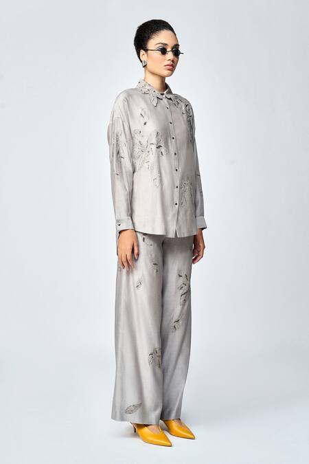 Shop Shahin Mannan Grey Silk, Chanderi Beads, Embroidery Leaves Flared Pant Online at Aza Fashions Shop_Shahin Mannan_Grey Silk, Chanderi Beads, Embroidery Leaves Flared Pant _Online_at_Aza_Fashions