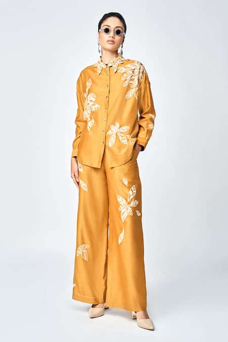 Shahin Mannan Leaf Embroidered Asymmetric Shirt With Pant 