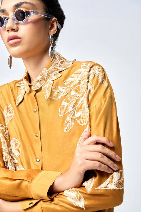 Buy Shahin Mannan Yellow Silk, Chanderi Embroidery, Beads Leaf Asymmetric Shirt With Pant Buy_Shahin Mannan_Yellow Silk, Chanderi Embroidery, Beads Leaf Asymmetric Shirt With Pant