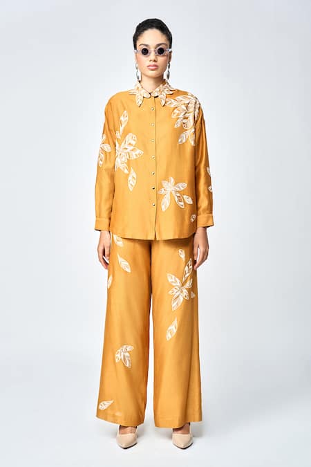 Shahin Mannan Leaf Embroidered Asymmetric Shirt 