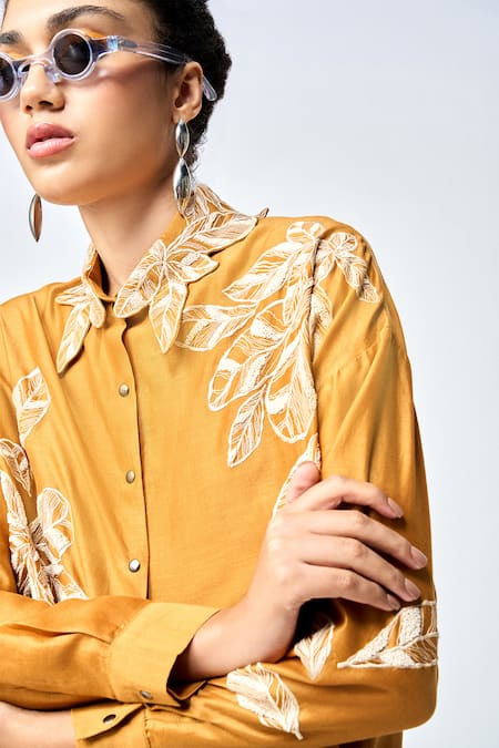 Shahin Mannan Yellow Silk, Chanderi, Chiffon Embroidery Collared Leaf Asymmetric Shirt at Aza Fashions Shahin Mannan_Yellow Silk, Chanderi, Chiffon Embroidery Collared Leaf Asymmetric Shirt _at_Aza_Fashions