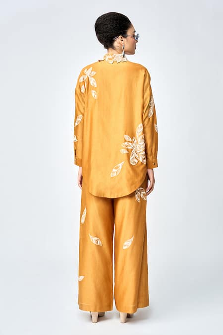 Shop Shahin Mannan Yellow Silk, Chanderi, Chiffon Embroidery Leaf Flared Pant at Aza Fashions Shop_Shahin Mannan_Yellow Silk, Chanderi, Chiffon Embroidery Leaf Flared Pant _at_Aza_Fashions
