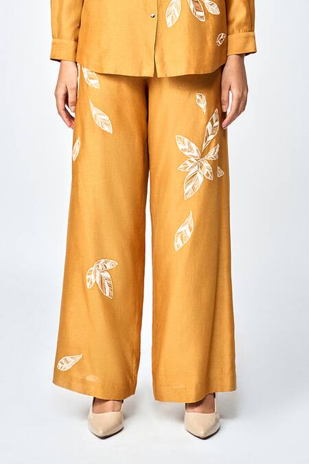 Shahin Mannan Yellow Silk, Chanderi, Chiffon Embroidery Leaf Flared Pant Online at Aza Fashions Shahin Mannan_Yellow Silk, Chanderi, Chiffon Embroidery Leaf Flared Pant _Online_at_Aza_Fashions